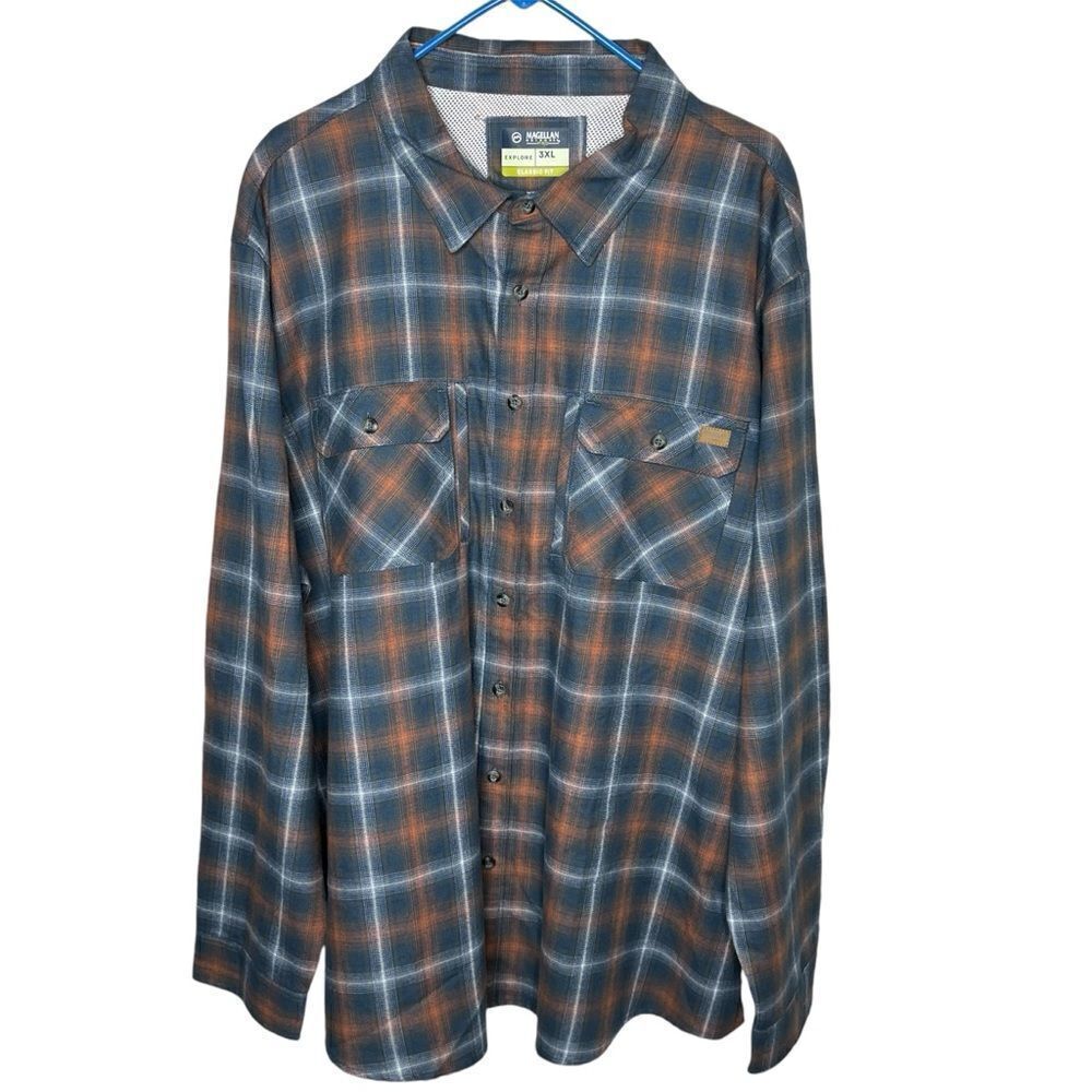 New! Magellan Outdoor LS Pro Performance Flannel Blue/Orange Men Shirt Sz 3XL